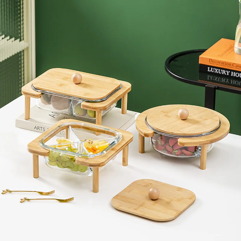 Bamboo glass fruit tray family living room tea table net red snack tray with cover fruit melon seeds peanut candy box