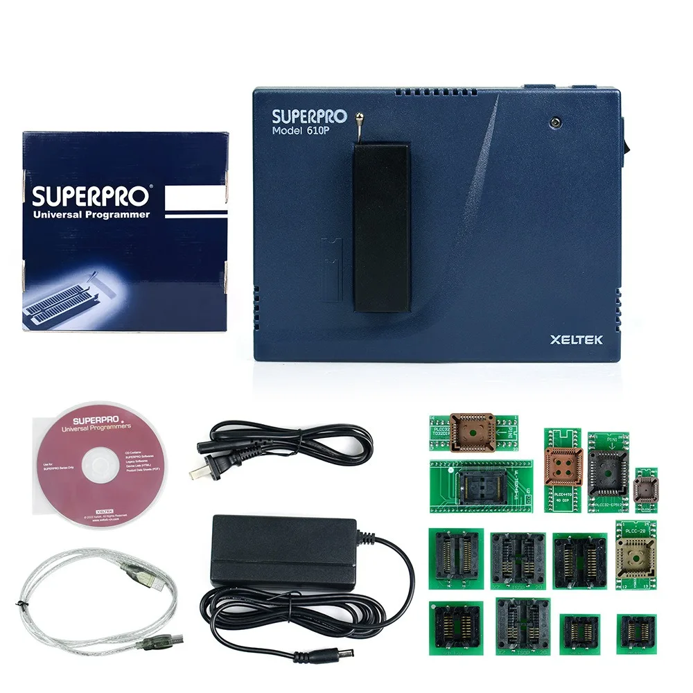 Оригинальный Xeltek Superpro 610P с 13 шт. адаптерами, универсальный программатор Микросхем + 13 шт. блоков сгорания, адаптер IC для розетки