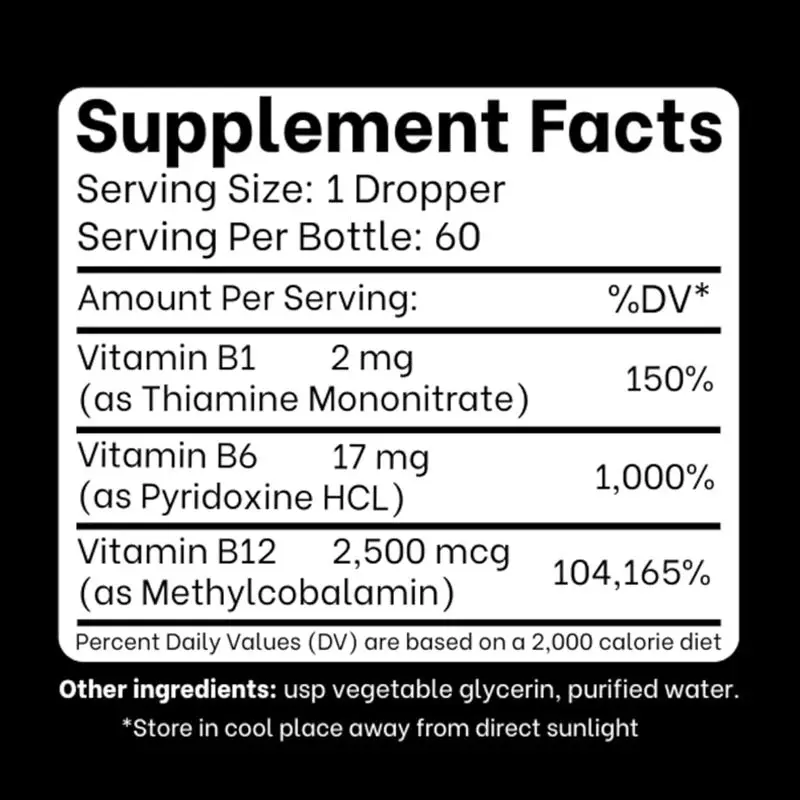 B1 B6 B12 Liquid Drops for Nerve, Energy & Brain Support, Methylcobalamin, Thiamine, Pyridoxine, Fruity Flavor, OEM