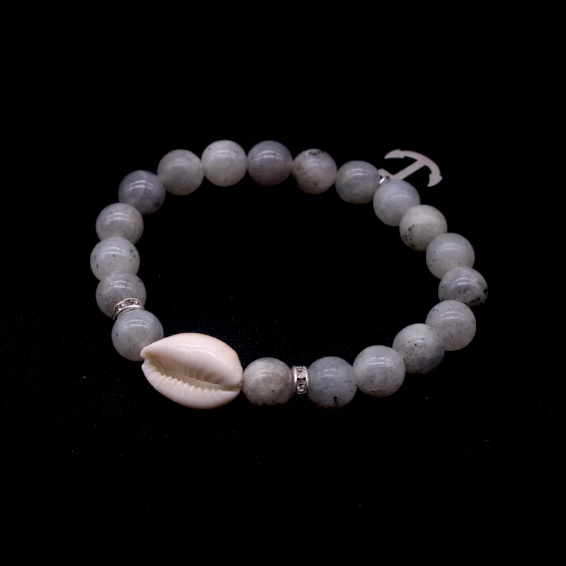 European And America Seashell Charms Labradorite Stone Bead Boho Anchor Pendant Natural Stone Bracelet For Inspirational Jewelry