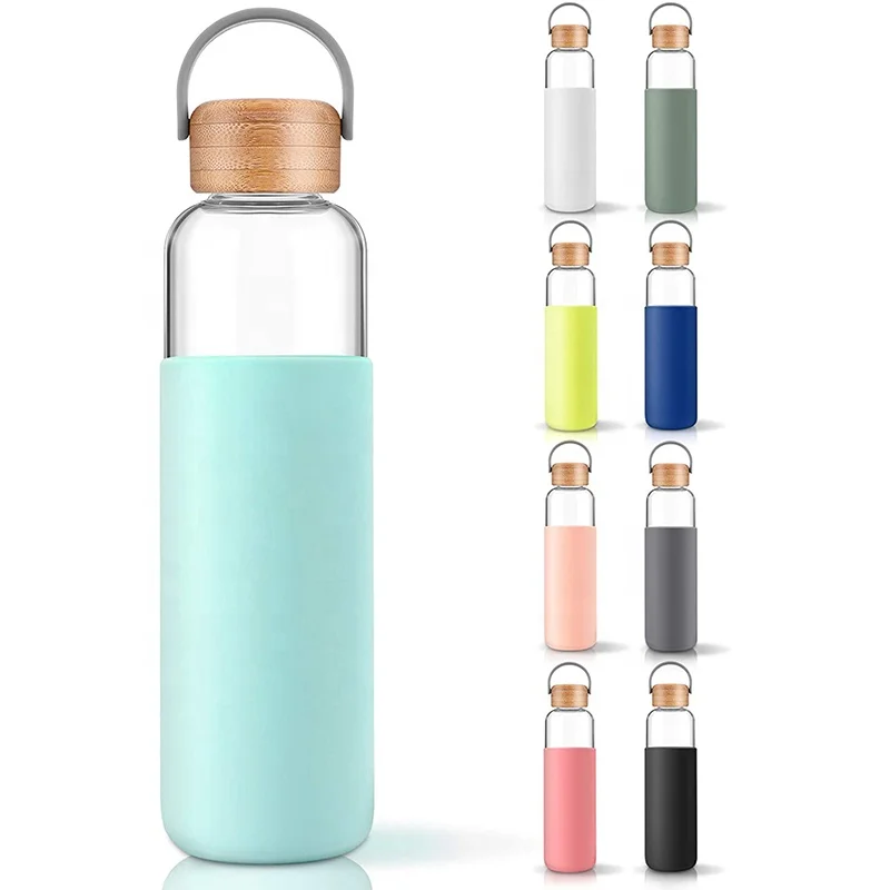 Amazon Top Seller Silicone Sleeve Gym Water Bottle Portable Bamboo Lid Borosilicate Glass Bottle for Water