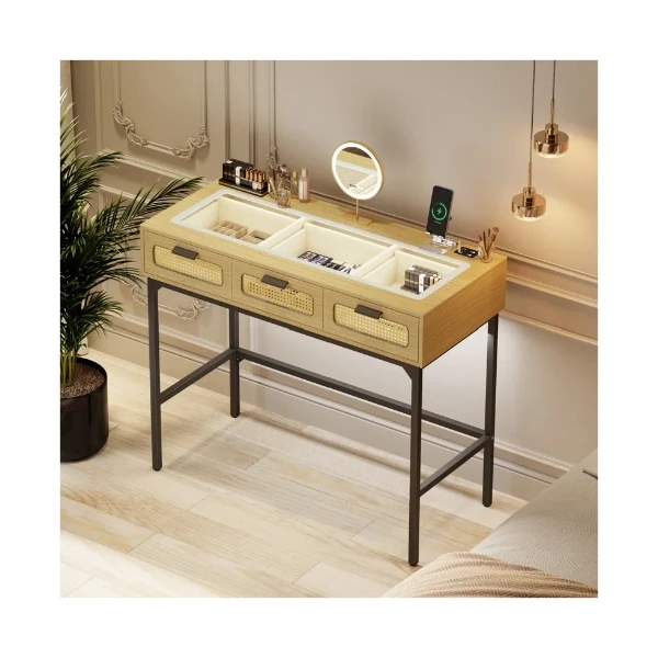 Modern Rattan Natural Glass Top Dressing Table Makeup Vanity Dressing Bedroom Mirror LED Lights Storage Drawers Charging Station