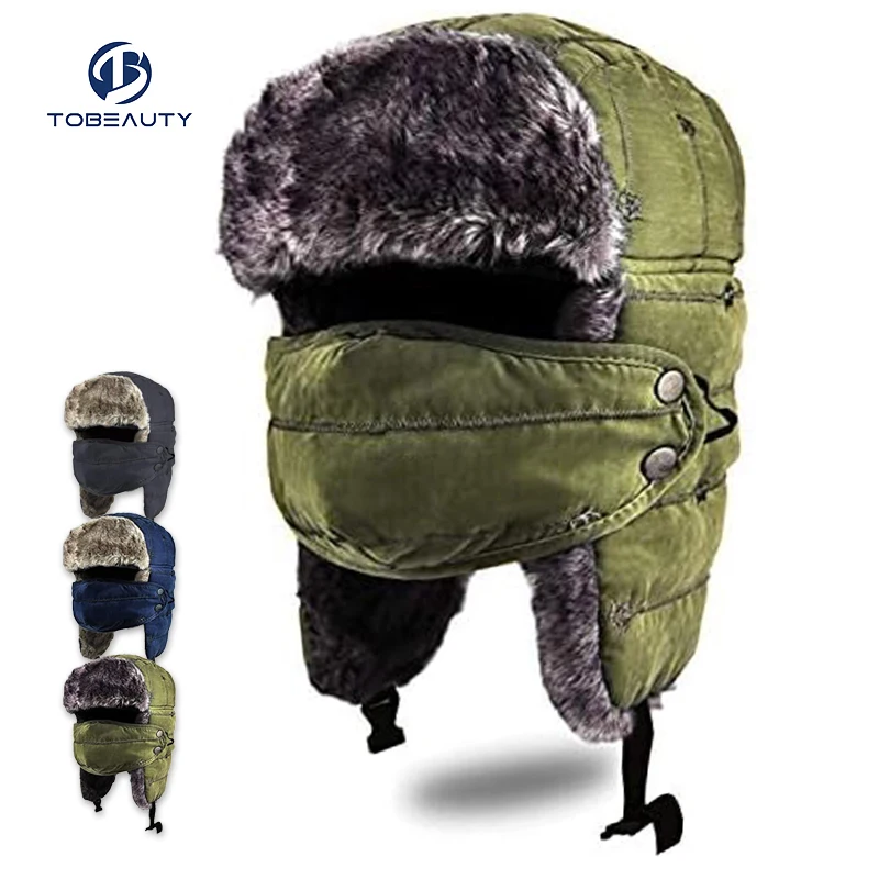 Chunky Waterproof Winter Warm Windproof Fur Trapper Bomber Cap Knitted Winter Hat For Men