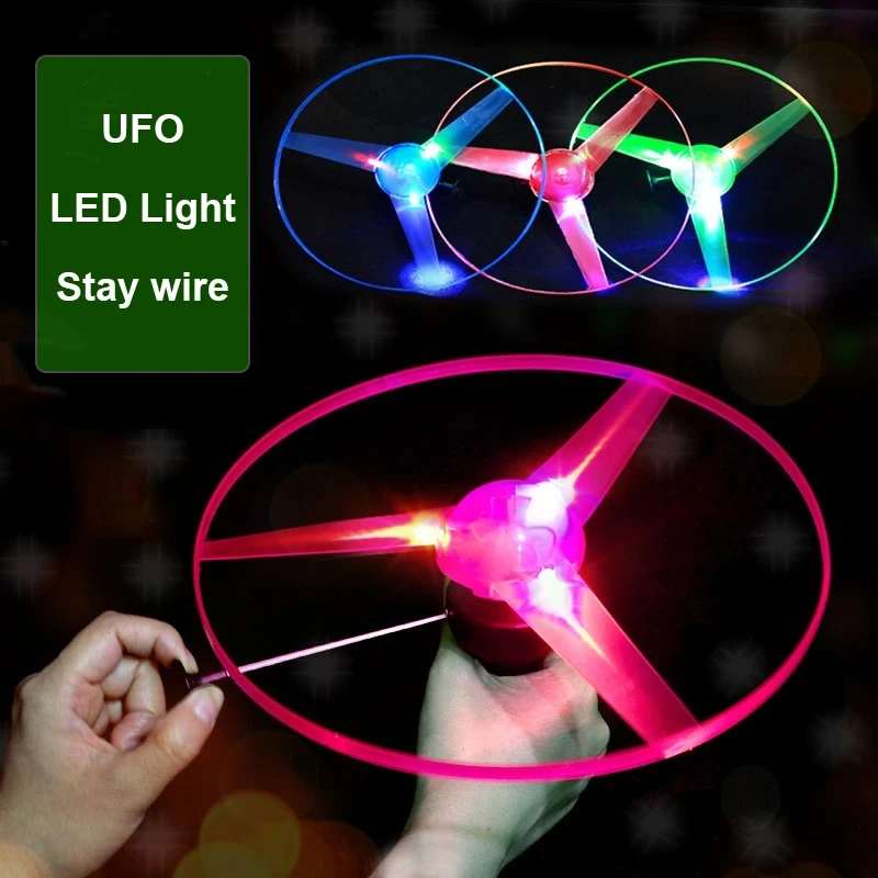 1pc LED Light Handle Top Classic Toys Funny Spinning Flyer Pull Wire Glow UFO Luminous Plastic Kids Outdoor Sports Parent-Child
