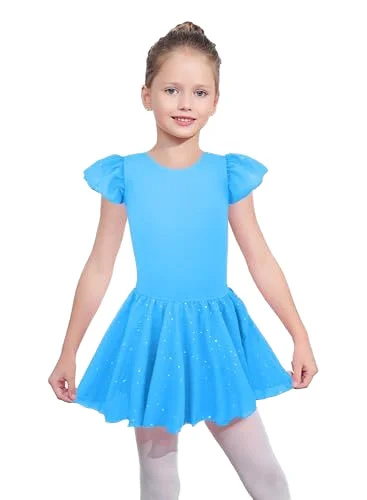 Girls Ballet Leotard with Ruffle Sleeves and Tutu Skirt Sparkle Dance Dress for Children 3-11 Years