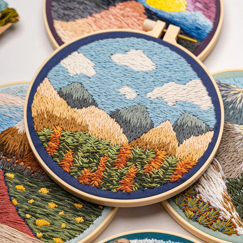 Landscape Scenery Diy Handy Sewing Art Craft Embroidery Kit for Beginners with Pattern Hoops Instructions