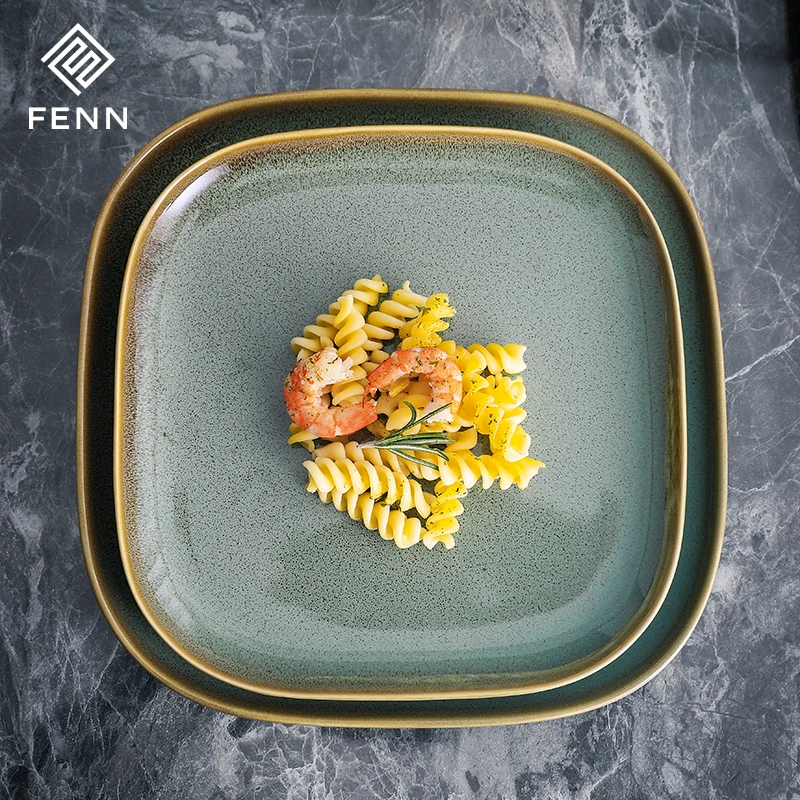 Crockery Glaze Surface Rock Japanese Food Serving Tray Ceramic Green 8 Inch 9 Inch 10 Inch Porcelain Big Square Plates