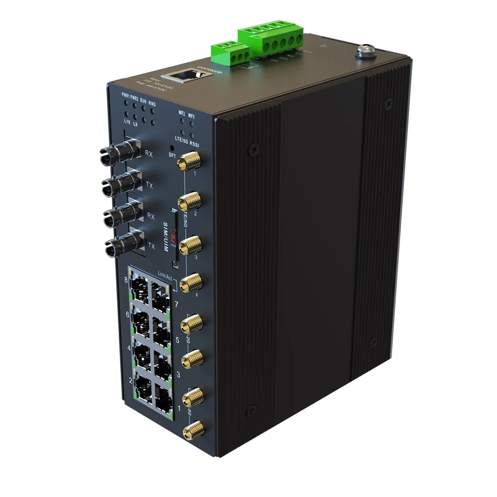 
AC 85-265V 10 Port 8 1000M RJ45 2 1*9 Dual-band WIFI 5G/2.4G Antenna 1 Channel LTE 4G/5G Wireless Industrial Ethernet Switch 