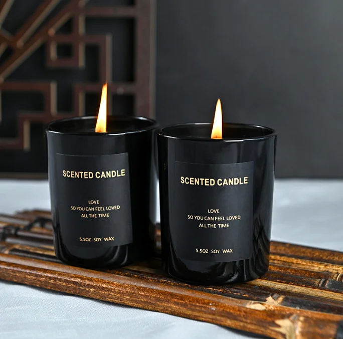 wholesale glass cup candle soy wax aroma home decoration candle gift for indoor black glass scented cup candle