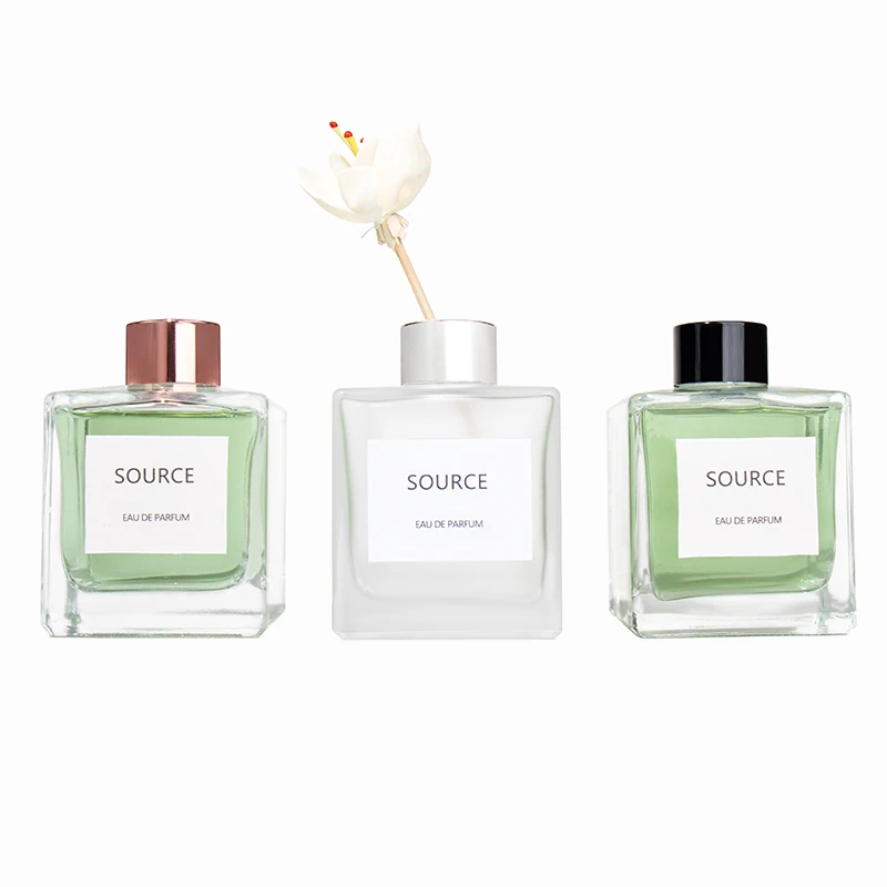 Luxury Empty 50ml 100ml Clear Square Frosted Aromatic Glass Aromatherapy Reed Diffuser Bottle with Cover and Stick