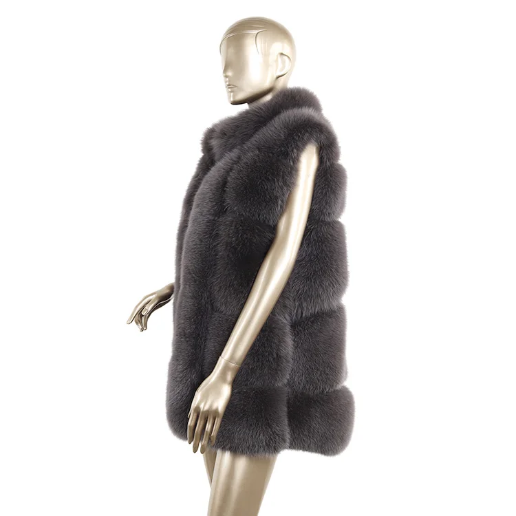wholesale custom fashion soft fluffy 80cm long dark grey real fox fur vest for women