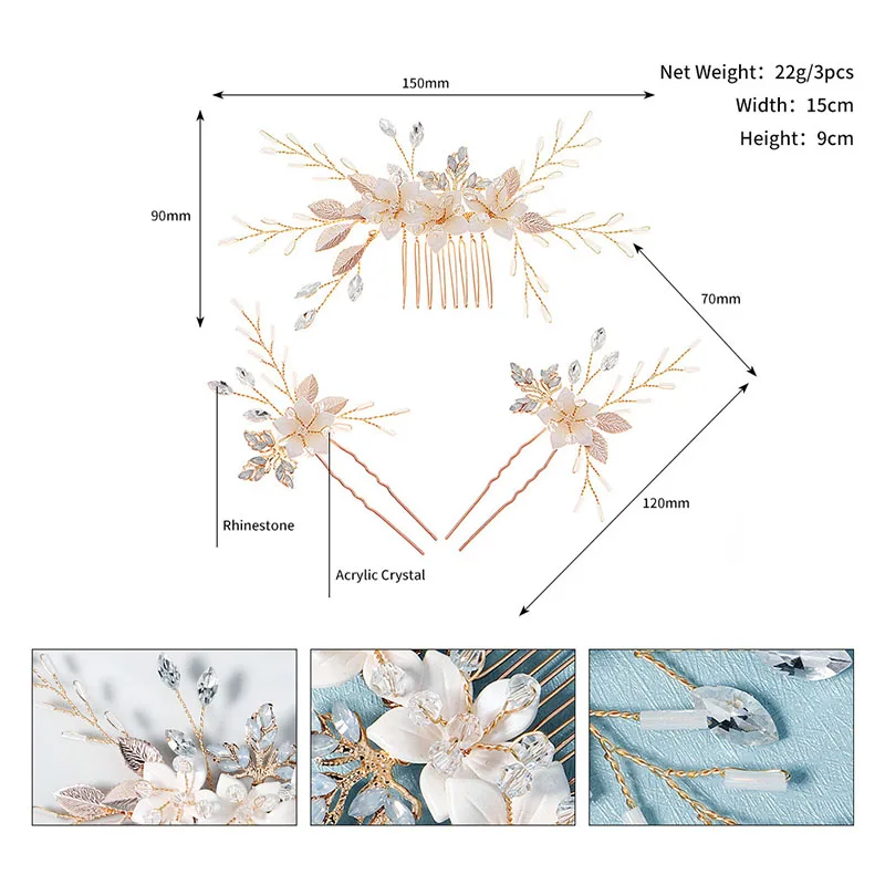 SLBRIDAL Handmade Rhinestones Alloy Ceram Flower Opal Crystal Bridal Hair Comb Hair Pin Set Wedding Hair Accessory Women Jewelry