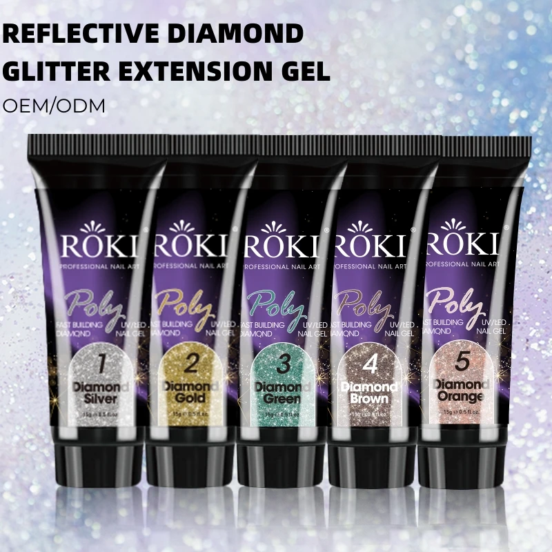 Custom Logo Reflective Glitter Poly Gel Silver Pink Diamond Shiny Nail Extension Gel Soak Off Nail Art UV Gel Varnish 15ml