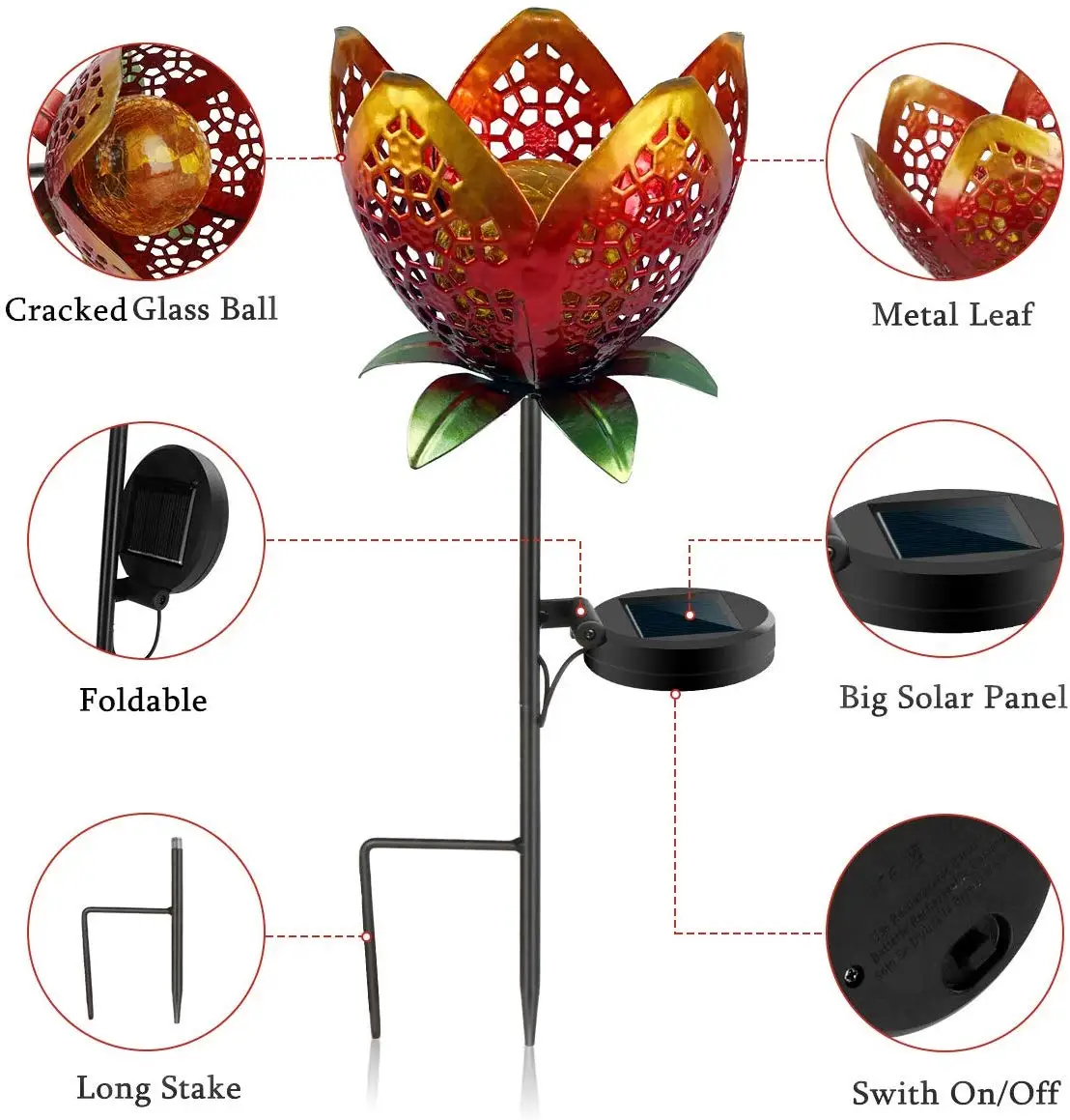 
Beautiful Metal Hollow Rose Flower Pattern Solar Power Glass Globe Lawn Lights for Landscape Garden Decoration Holiday Lighting 