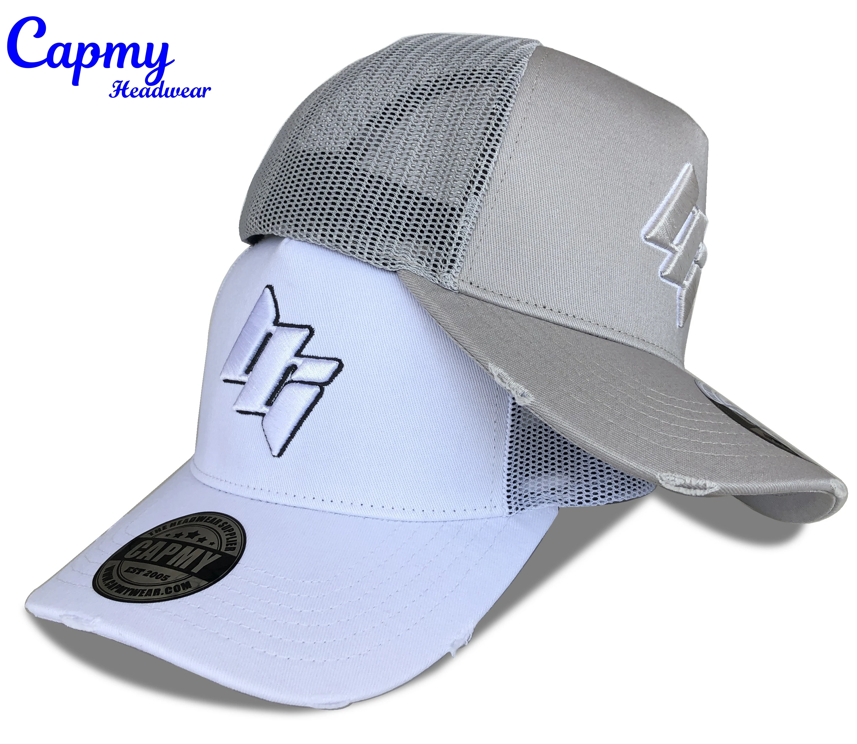 Professional Custom Grey Brown Baseball Trucker Hats Caps Mens 5 Panel 3d Embroidery Logo Distressed Rip Vintage Trucker Cap Hat