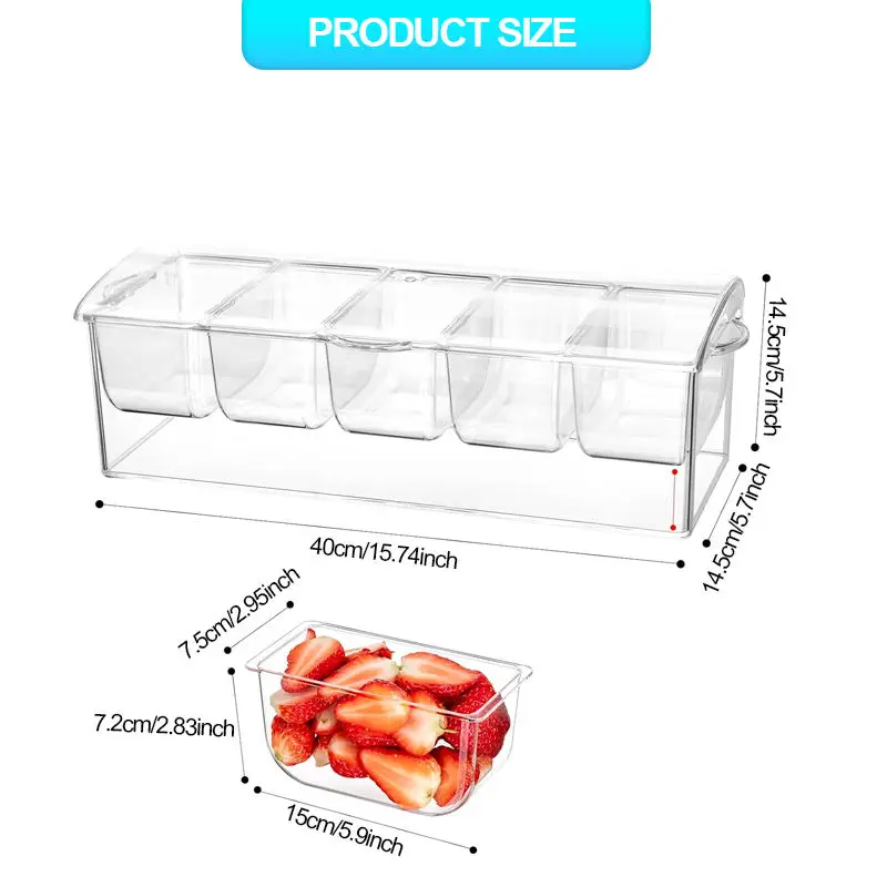 Plastic Clear Fruit Condiment Servers Ice Chilled Serving Ice Tray Acrylic Ice Chilled Condiment Caddy with 5 Containers