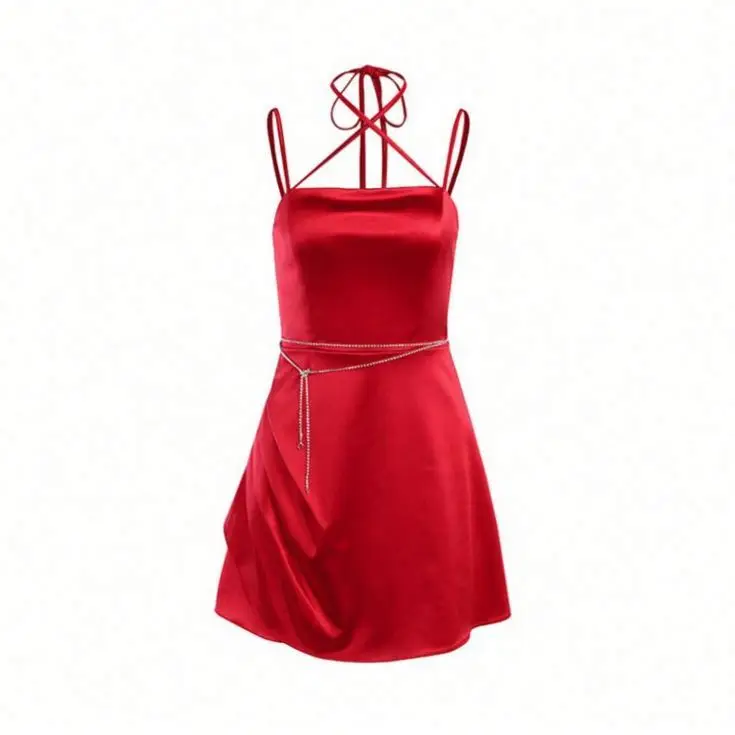 Solid Ruched Mini Red Satin Dress 2022 New Design Women Clothing Alia Online Shopping Glossy