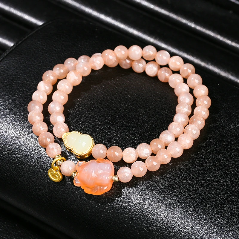 JD GEMS Unisex 5A Orange Moonstone Agate Nine-Tailed Fox Beaded Bracelet Hot Selling 2-Layer Ball Pattern Gift