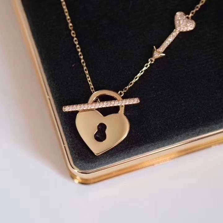 Wholesale Custom Jewelry Trendy Girlfriend Gift Key Lock Love Heart Pendant 18K Gold Natural Diamond Chocker Couple Necklace