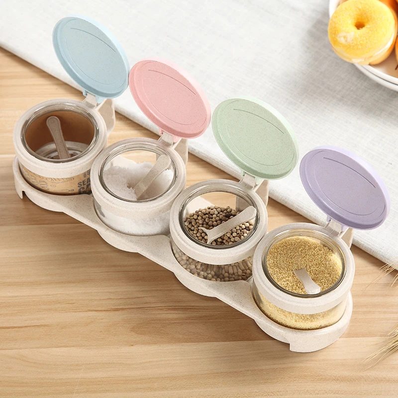 Kitchen wheat fiber 300ml*4  salt pepper sugar storage box condiment container cruet set glass seasoning jar with spoon