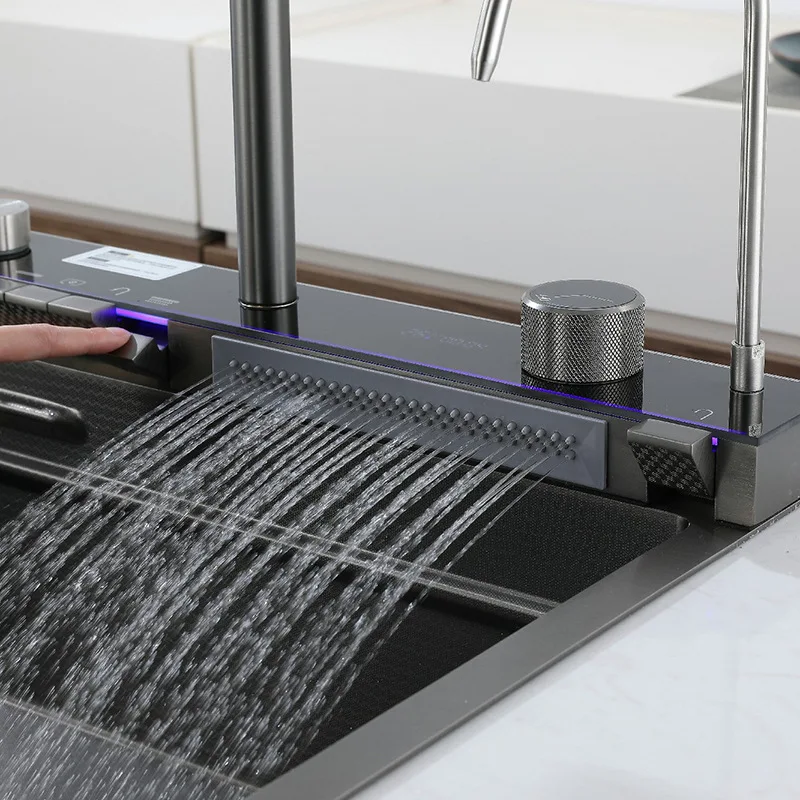 All In One LED Light Stainless Steel 304 Waterfall Rainfall Multifunctional Kitchen Sink