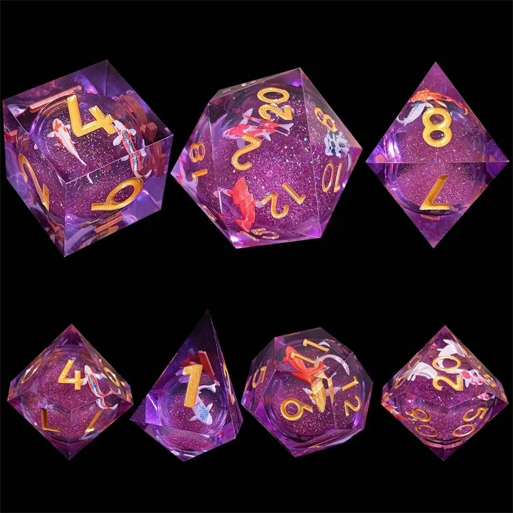 Premium Polyhedral Sharped Edge Quicksand Liquid Core Blue Fire Resin Dice for DND