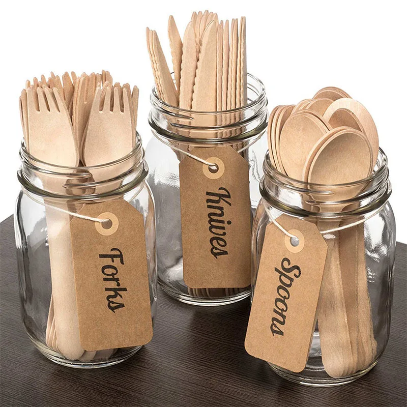disposable biodegradable customized logo 140mm 160mm wooden cutlery set wooden knife fork spoon with bag