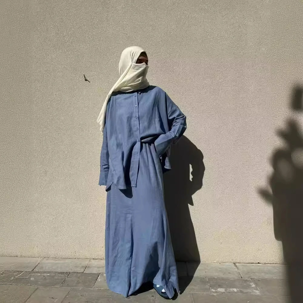 Women Shirts Kimonos Abaya 2 Piece Set Skirt Ladies Casual Wind Wholesale Dubai Turkey Women Muslim Dress Islamic Clothing 2024