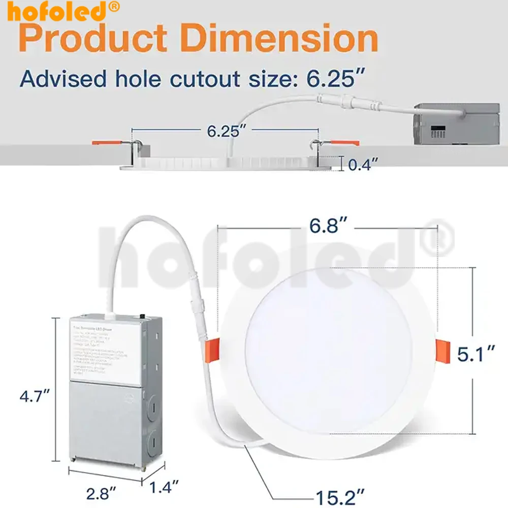 Hofoled 9W 4 Inch 5CCT Round Can Downlight Dimmable LED Panel Light Ultra Thin LED Recessed Ceiling Light LED with Junction Box