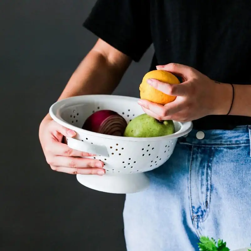 2022 novelty marble pattern fruit basket storage food bowl custom color plain blank metal steel enamel colander