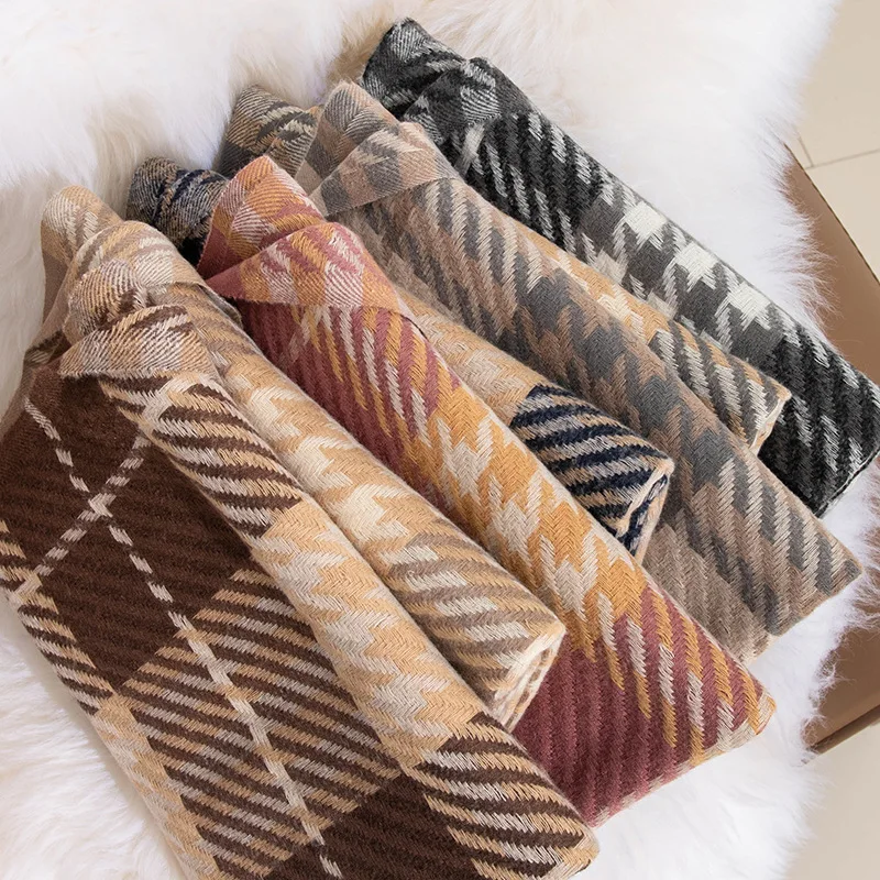 Custom logo fashion scarves shawls luxury tassels men soft faux wool warm winter houndstooth pashmina ethnic scarf for women