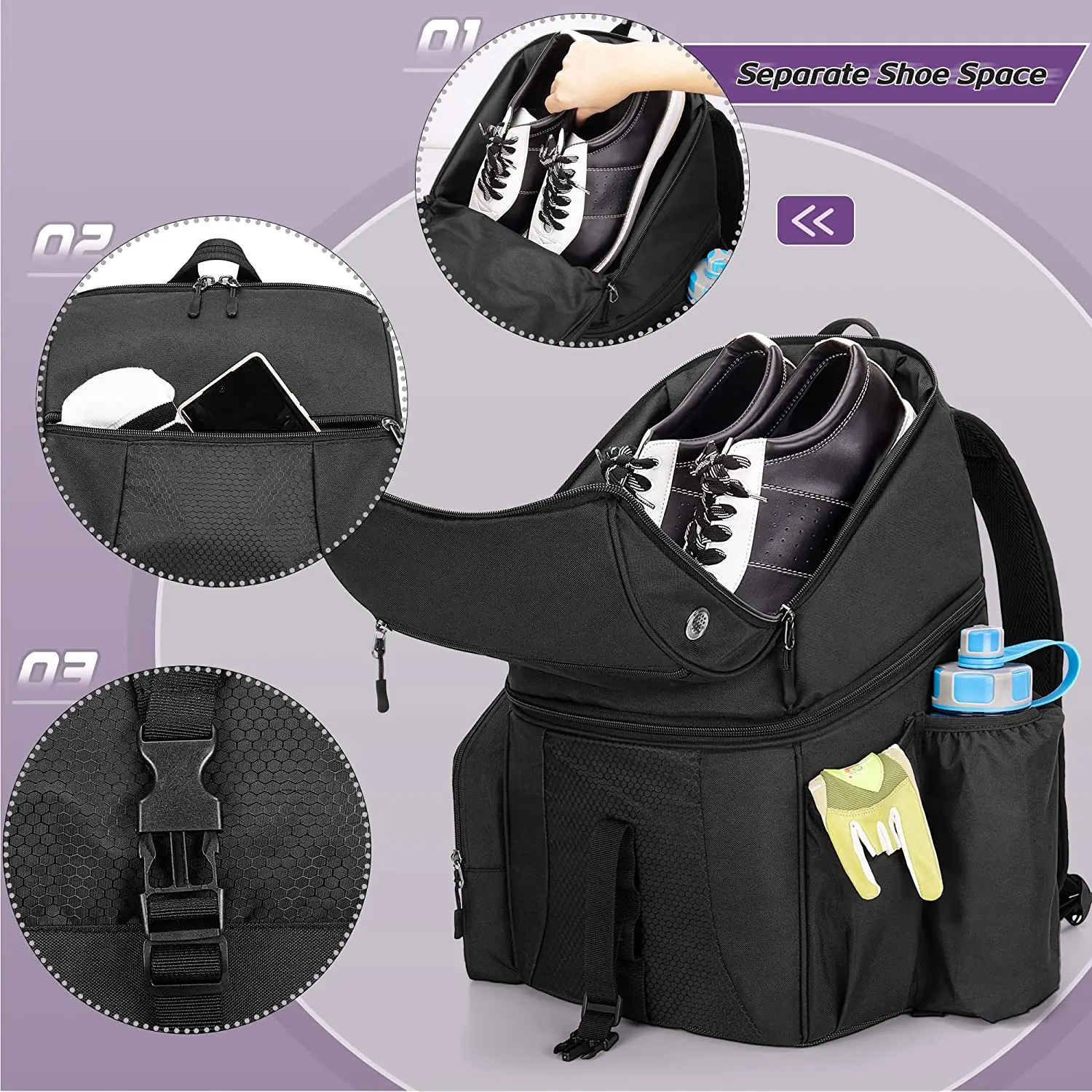 Custom Logo Water Resistant Bowling Backpack Bag for Single Ball Single Ball Bag with Shoes Compartment