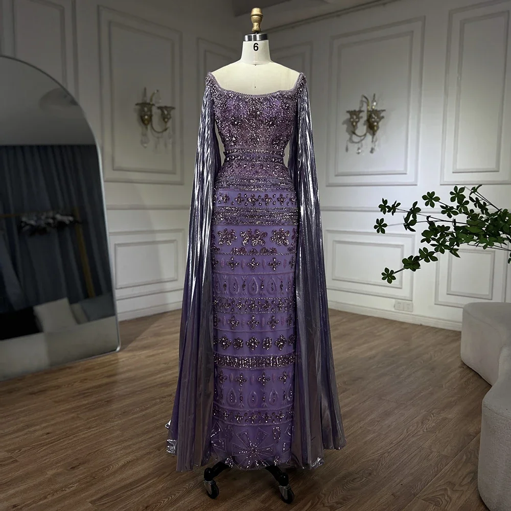 2024 Arabic Purple Cape Sleeves Mermaid Dubai Beaded Luxury Evening Dresses For Women Wedding Party Gowns LA72175 Customized