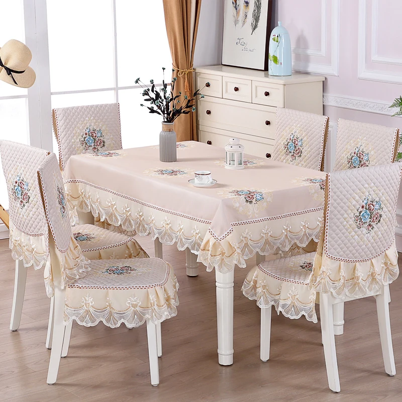 
High quality Luxury Europe style lace embroider decoration tablecloth home banquet chair cover set 