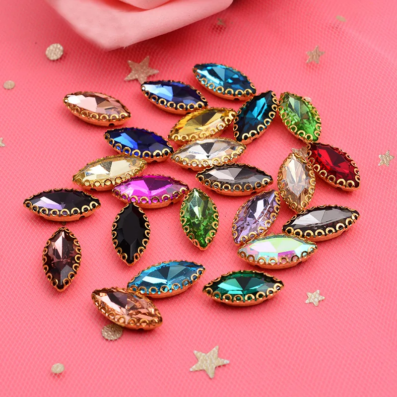 Hot Sale Popular Marquise Rhinestone with Golden Lace Claw Sew On Glass Gem Stone for Jewelry Making Garment