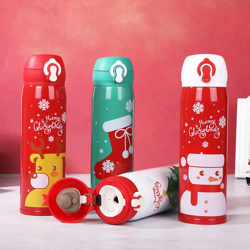 450ml 304 Stainless Steel Christmas Thermos Tree Snowman Sock Couple Student Portable Cute Cartoon Water Bottle Custom Wholesale