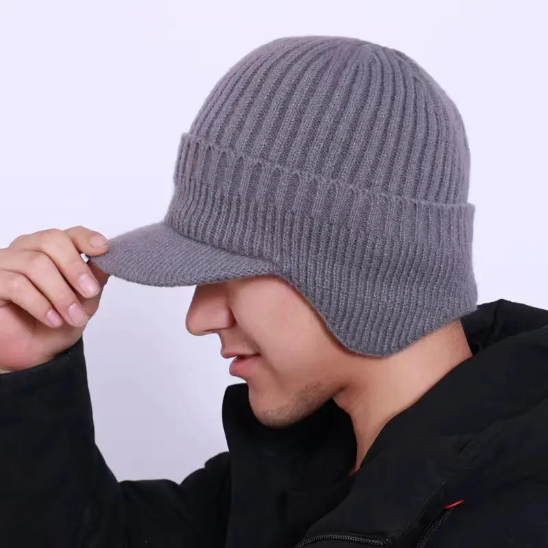 Mens Outdoor Hat Winter Warm Thick Knit Beanie Hat with Visor Beanie with Brim