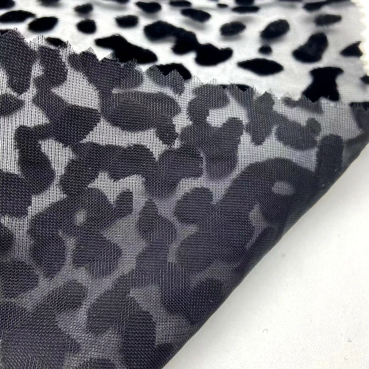 See through burn out 80% rayon 20%nylon knitted black leopard pattern velvet mesh burnout fabric