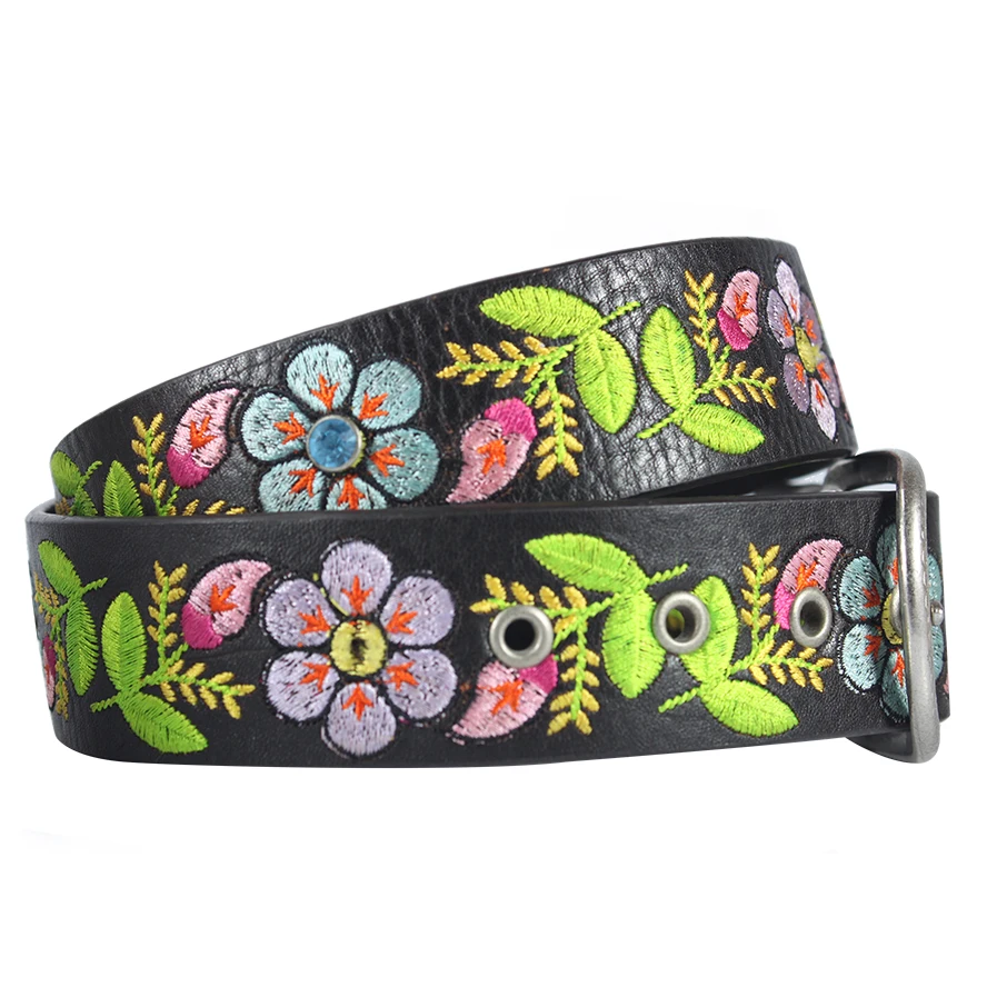 Cowhide Flower Floral  Genuine Leather Embroidered  Belts For Women