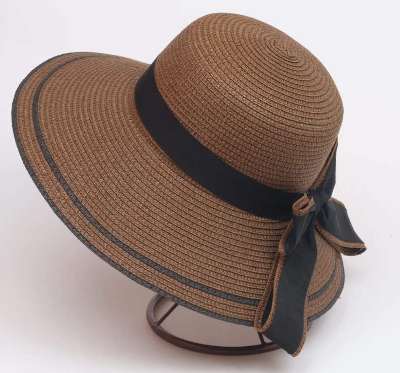 
Wholesale and cheap Dome flat big brim black bow bowknot straw hat Summer seabeach Hats For Women 