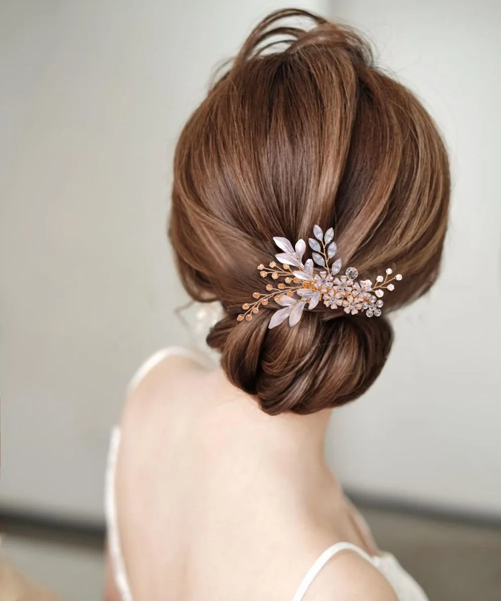 Гребень для волос с золотыми листьями и кристаллами, свадебный гребень для волос с кристаллами и цветами, аксессуары для волос с золотыми листьями, заколка для волос