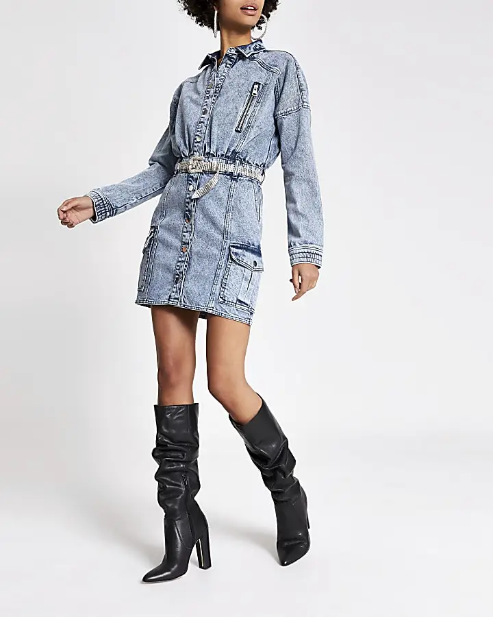 New Fashionable Women Light Blue Dress Button Fly  Belt  Denim Dress For Ladies
