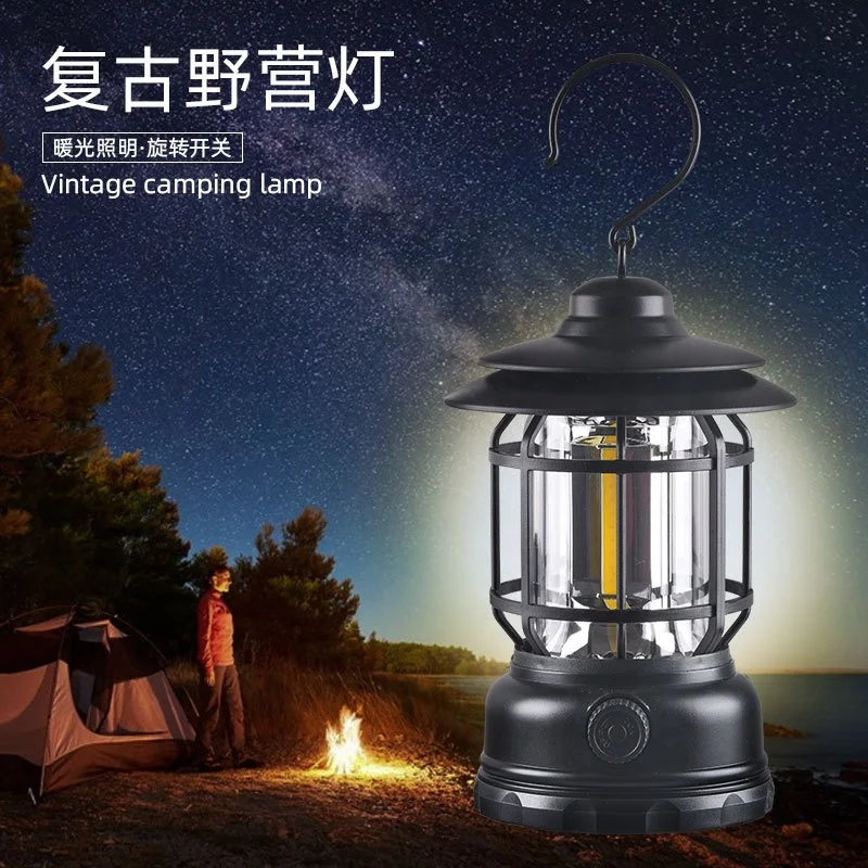 Hanging Hook Dimming Switch Portable AA Battery Vintage COB LED Camping Light Outdoor Tent Retro Lantern Light