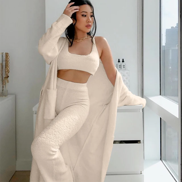 
2020 Sweater cardigan sets Rib Knitted Long Pants Crop Tops High Quality 3 pieces set women knitted sweater suits 