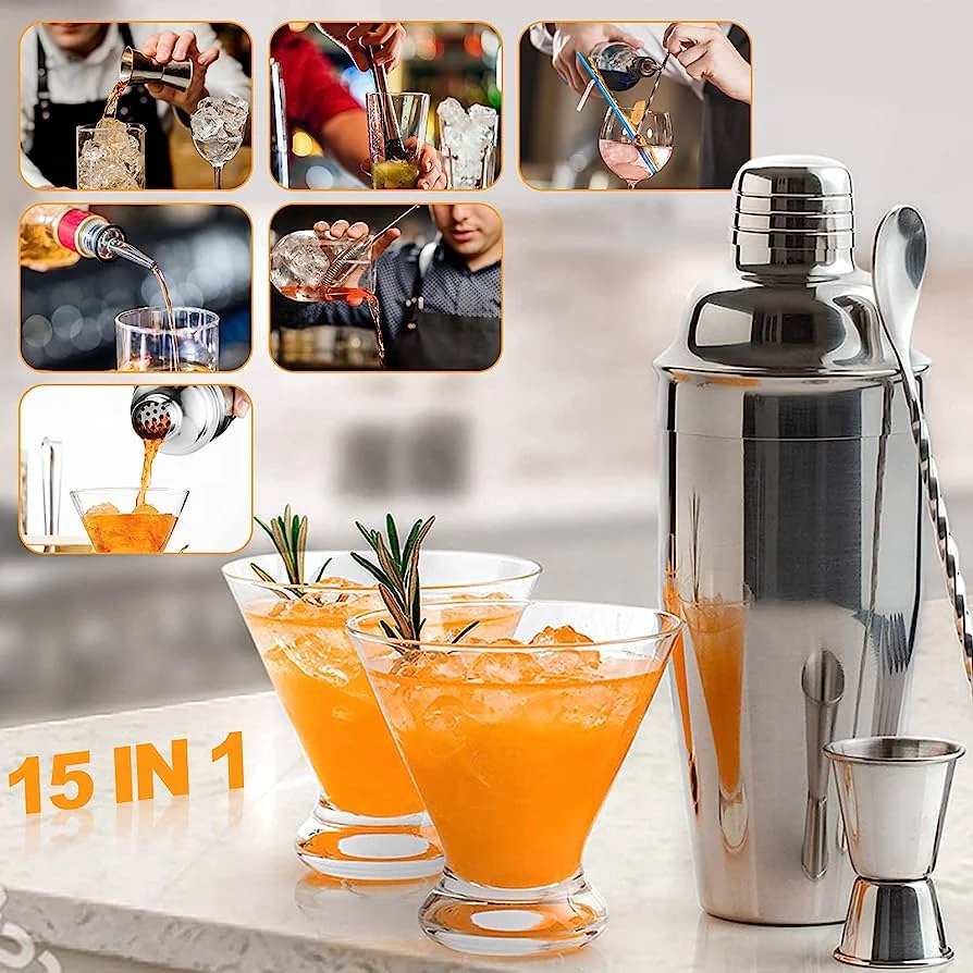 OUYADA Factory Top Seller Stainless Steel Bar Accessories Kit Cocktail Shaker Set With Stand Art Deco Cocktail Set
