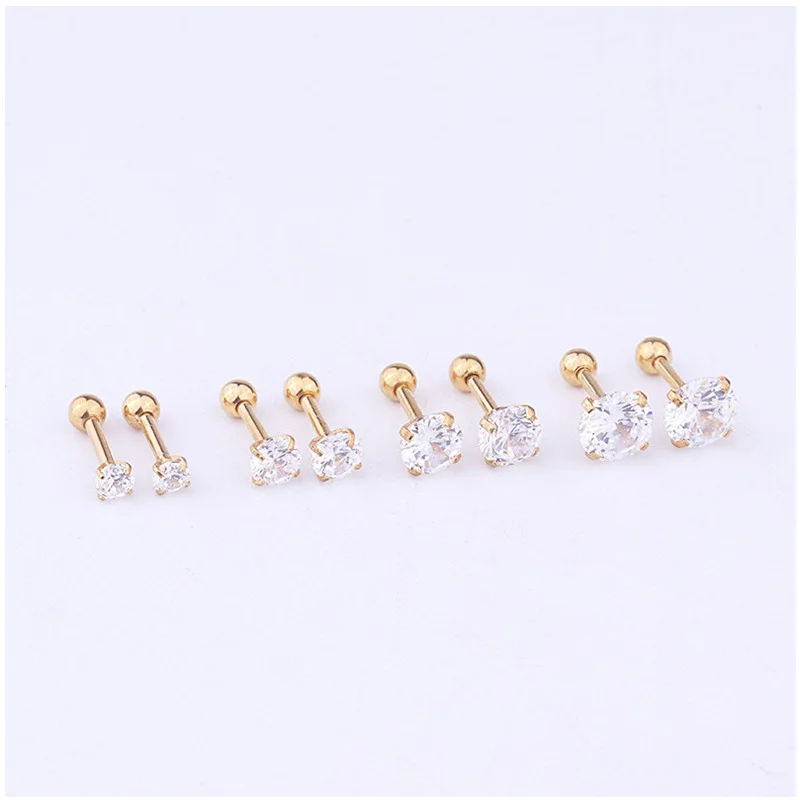 3MM-6MM 16G Stainless Steel Round CZ Stone Ear Tragus Conch Helix Cartilage Piercing Earring Back Screw Back Stud for Women