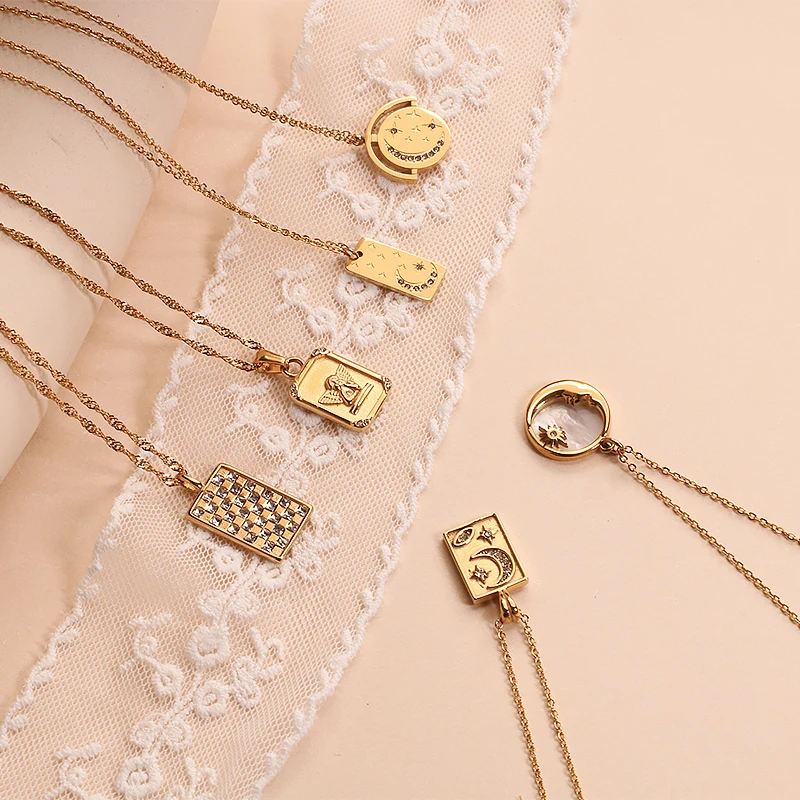 Luxury Necklace Women Moon Star Zirconia Pattern Gold Dipped Necklace Stainless Steel Statement Necklace