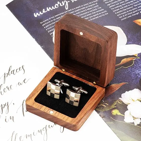 Small Walnut Wood Cufflinks Gifts Box for Men Cuff Links Display Storage Case