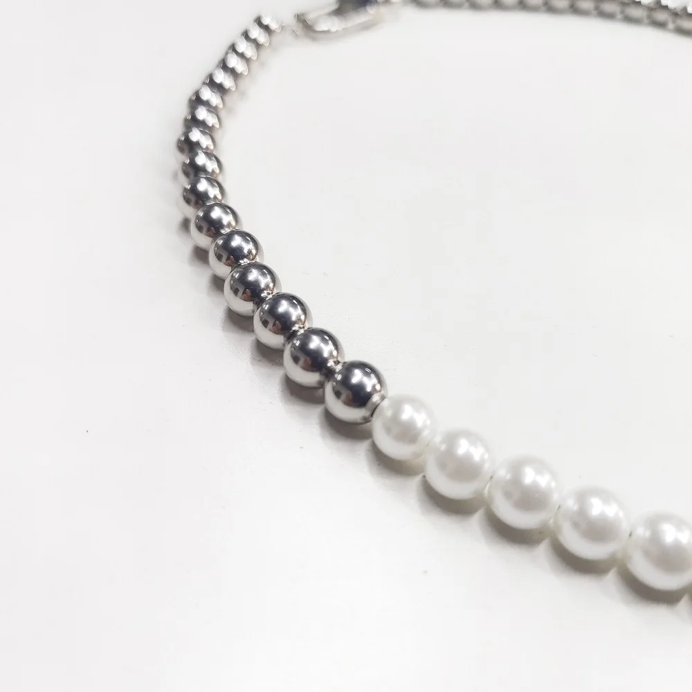 VAF Amazing!! 45/50/55CM Stainless Steel Bead And Synthetic Pearl Necklace With Stainless Steel Carabiner Clasp Ball Chain
