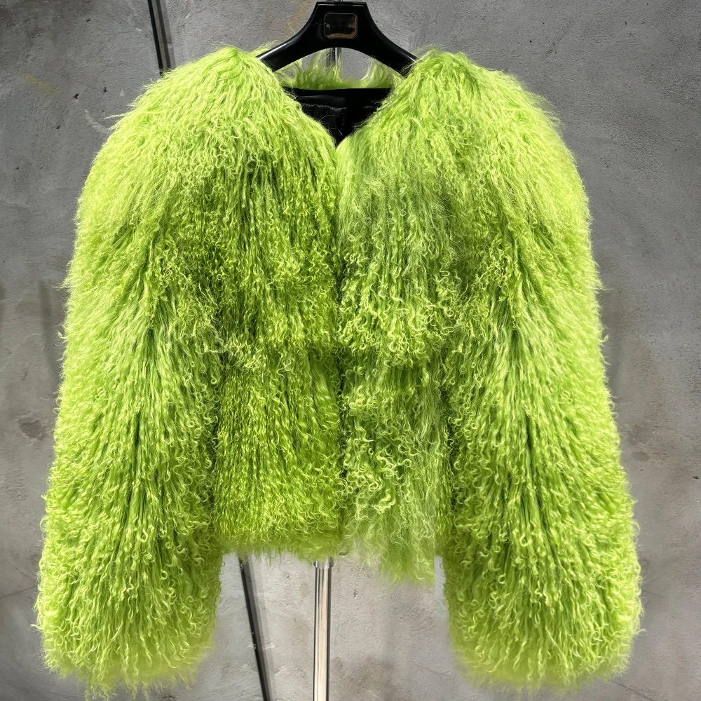High quality real lamb fur coat womens curly sheep fur coats winter green mongolian fur coat